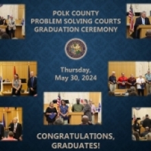 Collage of photos showing the graduates in front of Judge's bench surround podium, as well as the speakers: The Honorable Dennis Ross , Judge Yancey, Judge Barber, Judge Kaylor, Judge Sites, Trial Court Administrator Nick Sudzina, and Problem Solving Courts Director James Clanton standing at the podium