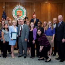 The Polk County Board of County Commissioners, Peace River Center CEO Larry Williams, Jr., 10th Judicial Circuit Chief Judge James Yancey, Clerk Butterfield, and staff proclaim October Domestic Violence Awareness Month at the BOCC meeting on Oct. 3.