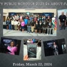 Collage of photos from the 2024 Polk County Public Schools’ 2023-24 About-Face Awards ceremony: Keynote speaker, Judge Ramirez, speaking at a podium, group picture with Judge Ramirez and all the students, and each student that was awarded a medal